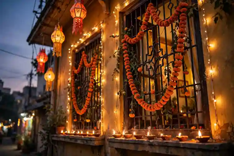 Windows and grills decorated with torans and lights facing the street for Diwali