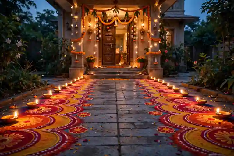 Coloured powder rangoli border along a driveway edge leading to a Diwali home entrance