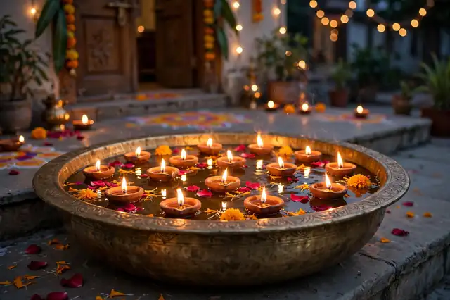 Floating diyas in a brass urli bowl with rose and marigold petals for Diwali