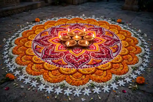 Flower petal rangoli with diyas decorating a Diwali home entrance