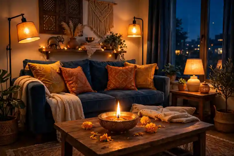 Living room glowing with colour-changing smart bulbs in warm gold for Diwali