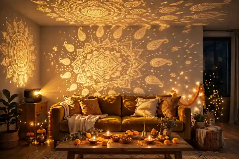 Festive Diwali pattern projector casting golden paisley lights on a wall