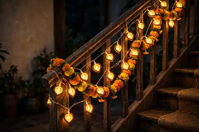 Diya-shaped LED string lights draped over a staircase railing for Diwali