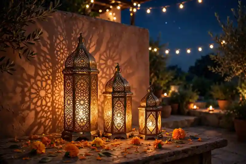 Moroccan-style metal lanterns glowing on a patio table for Diwali night
