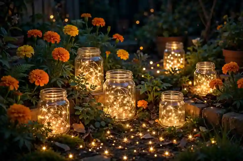 Glass jars filled with firefly micro-LED lights glowing in a garden at night