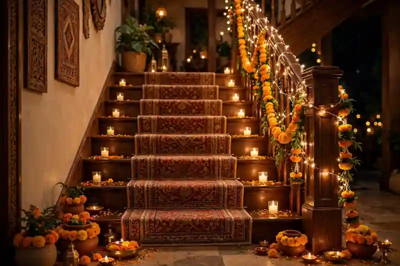 Staircase railing wrapped with fairy lights and candles glowing for Diwali