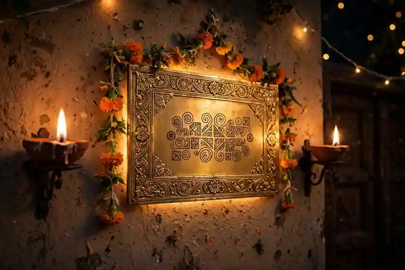 Illuminated house name sign glowing gold at a home entrance for Diwali