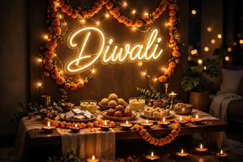 Neon-style LED Happy Diwali wall sign glowing in gold above festive decor
