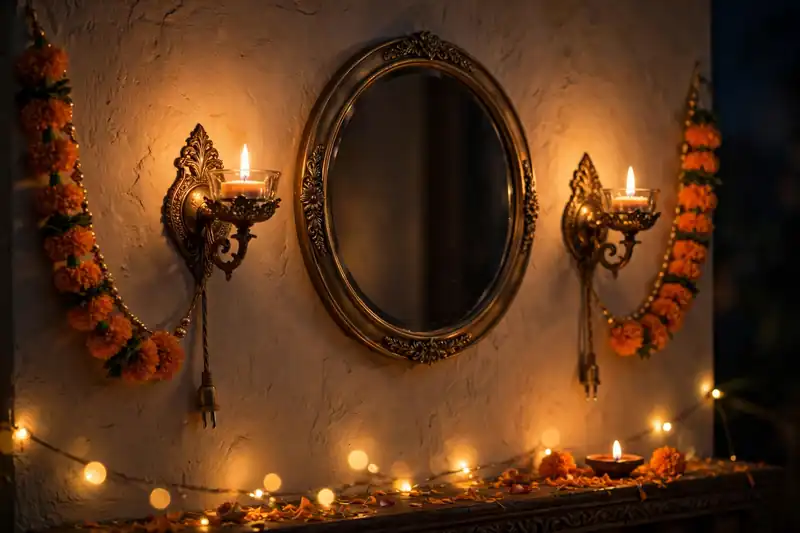 Plug-in tea light wall sconces glowing warmly on a festive Diwali wall
