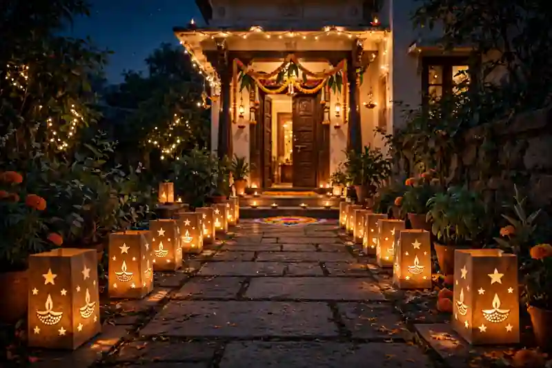 Paper bag luminaries glowing along an outdoor walkway for Diwali night