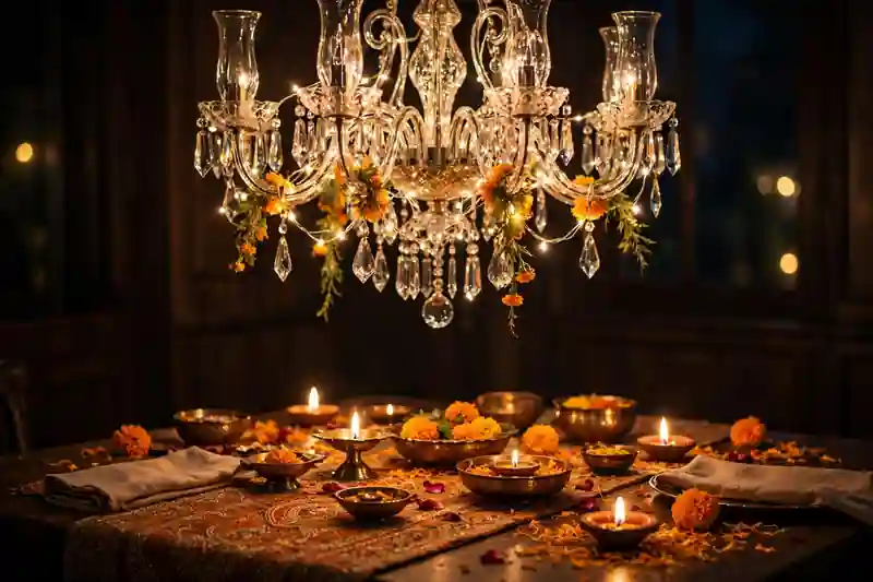 Elegant chandelier draped with cascading warm fairy lights for Diwali
