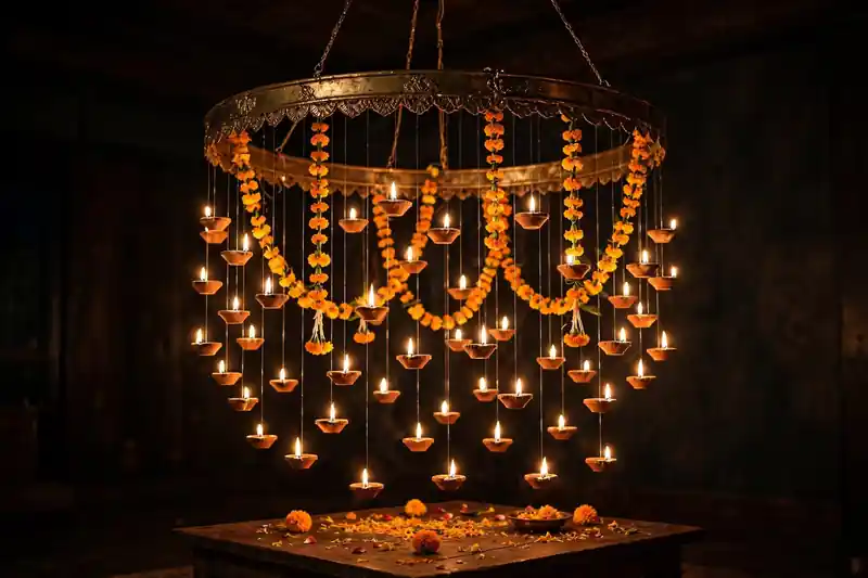 Hanging diya mobile chandelier with glowing diyas suspended at different heights