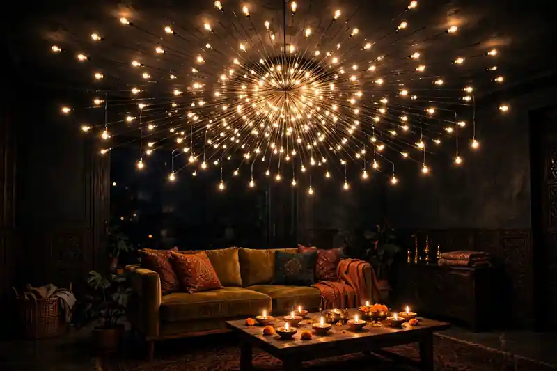 Starburst ceiling light installation with radiating warm bulbs for Diwali
