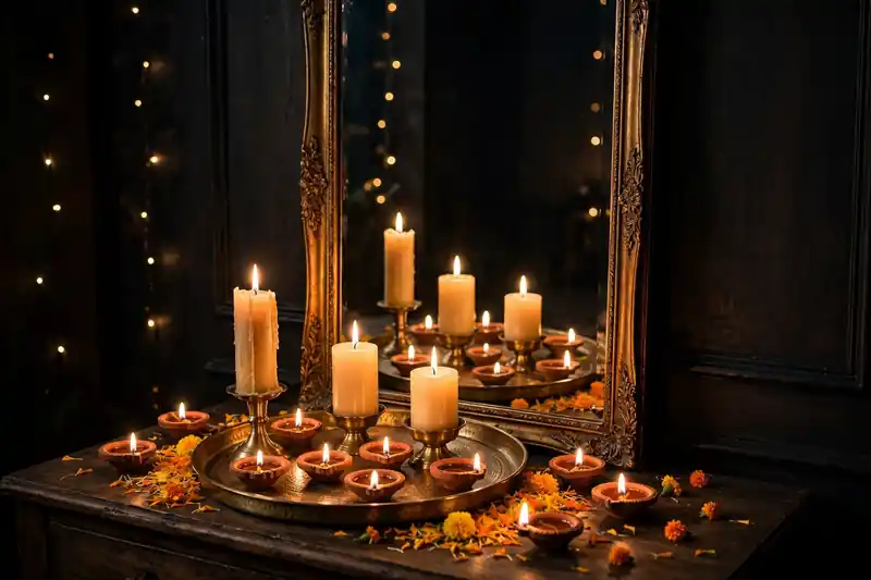 Mirror-backed candle arrangement doubling the glow of Diwali diyas and candles