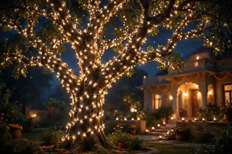 Garden tree wrapped in twinkling warm lights glowing for Diwali night