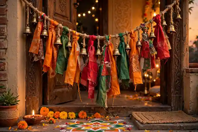Handmade Diwali toran crafted from colourful fabric scraps and waste material