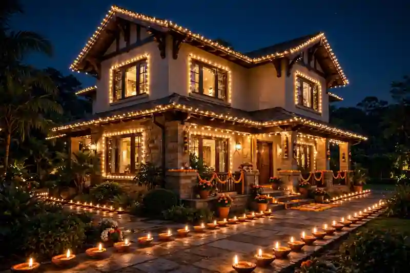 House exterior beautifully illuminated with Diwali lights and diyas