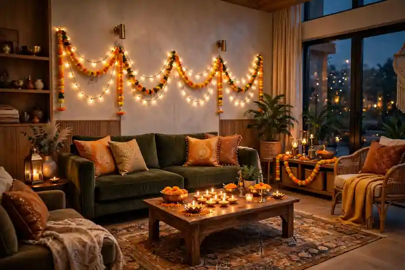 Living room decorated for Diwali with warm fairy lights and festive cushions