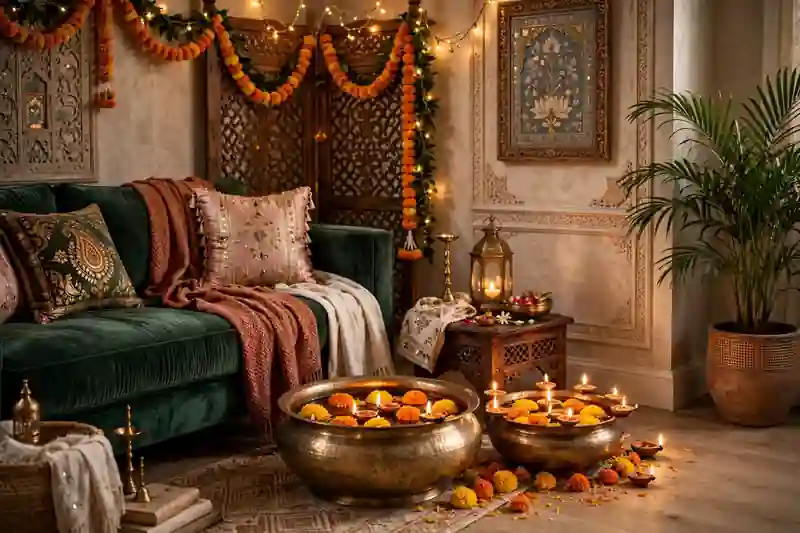 Brass urli with floating marigold flowers and diyas as Diwali living room centrepiece