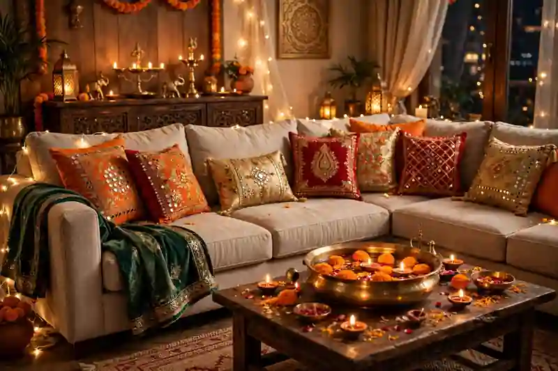 Living room sofa dressed with festive Diwali cushion covers and gold throw pillows