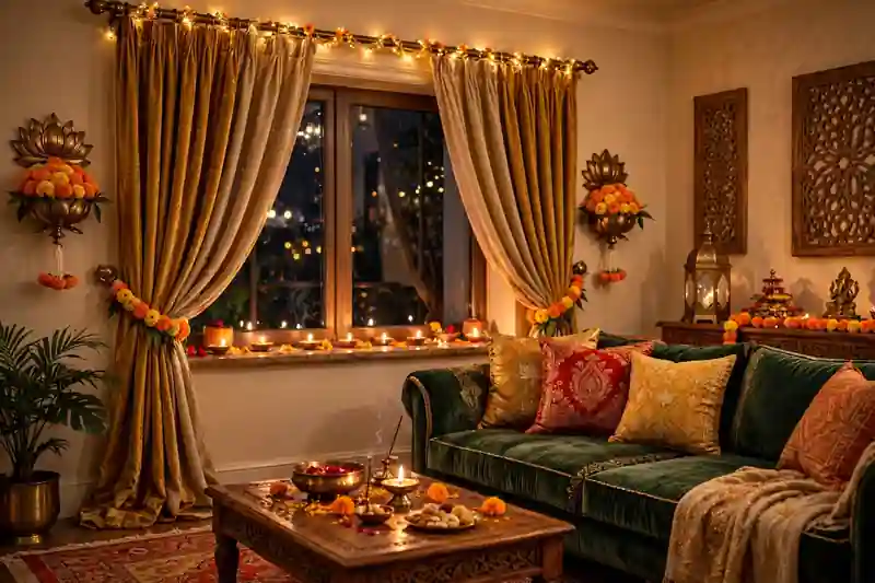 Diwali living room curtains with marigold flower tie-backs and brass holders