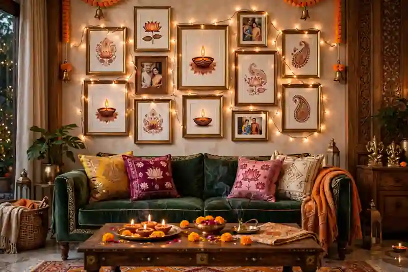 Diwali gallery wall with framed festive prints and warm fairy lights in the living room