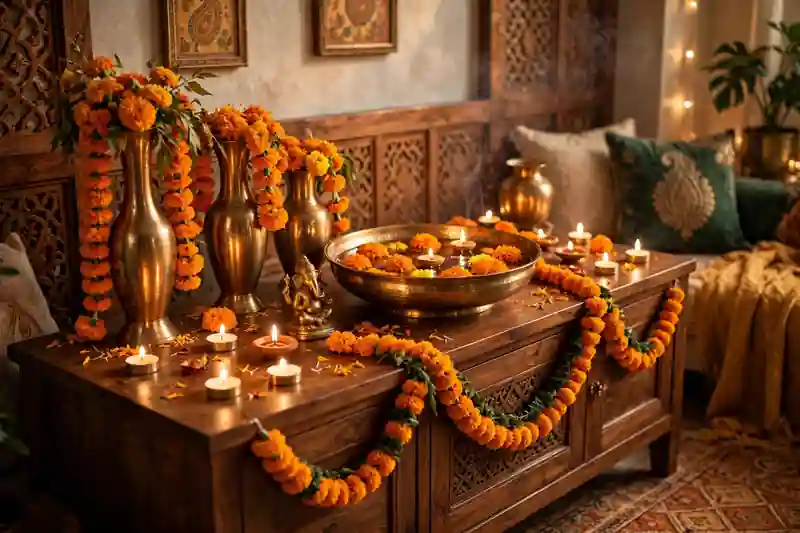 Brass vases, bowls and figurines as Diwali accents on a living room sideboard
