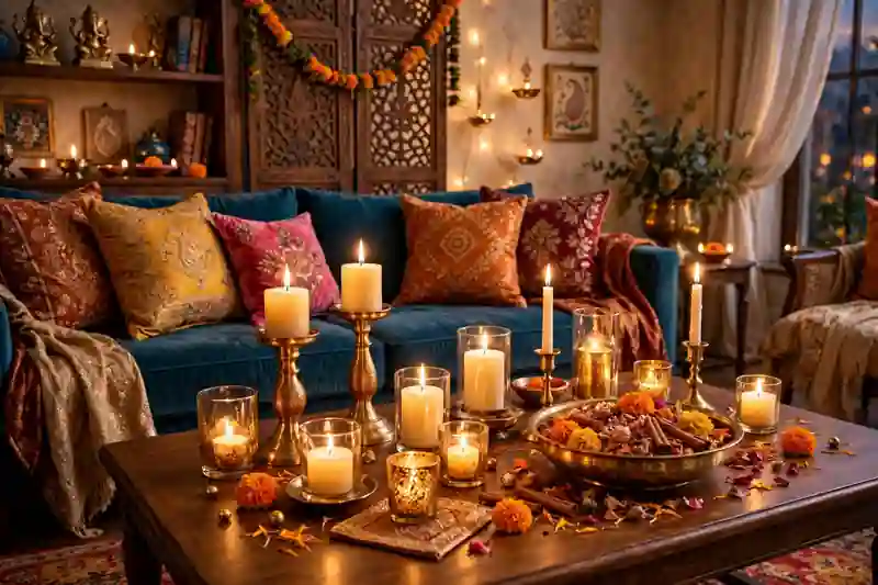 Scented candles and a brass potpourri bowl arranged for Diwali in a cosy living room