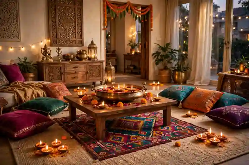 Layered festive rugs under a coffee table in a Diwali decorated living room