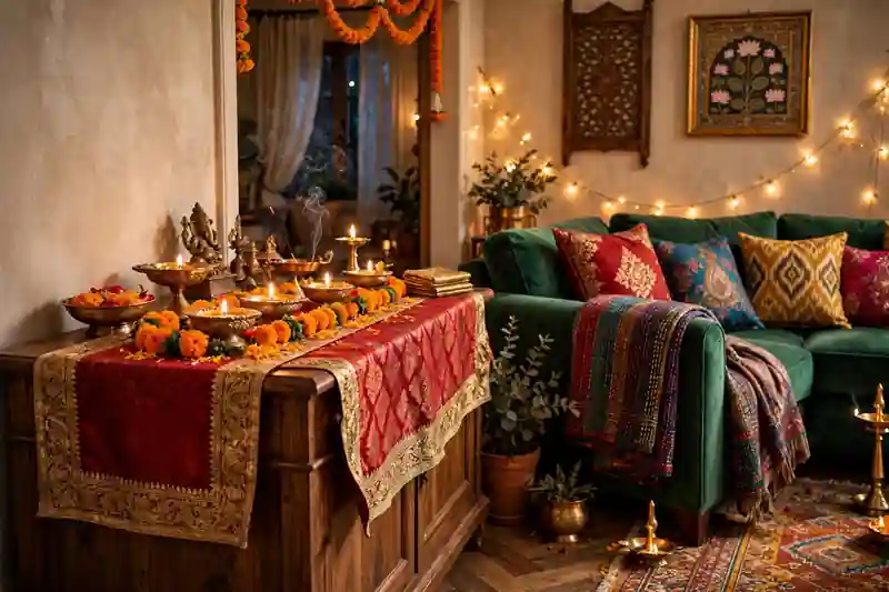 Diwali table runner and embroidered sofa throw styling a festive living room