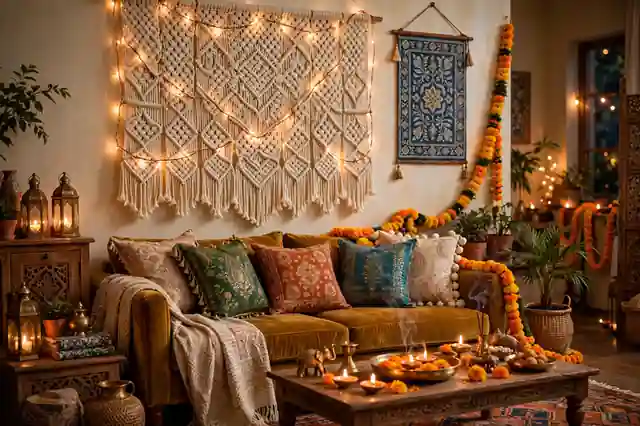 Macrame and fabric wall hanging as Diwali living room wall decor