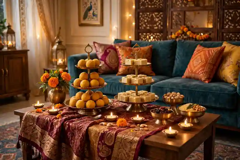 Festive mithai and snack station on a side table in a Diwali living room