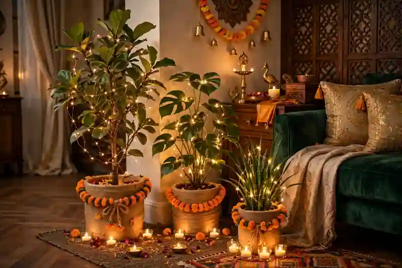 Indoor plants decorated with fairy lights and marigolds for Diwali in a living room corner