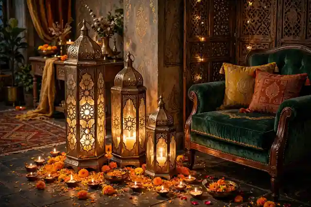 Tall statement floor lanterns glowing in a Diwali living room corner