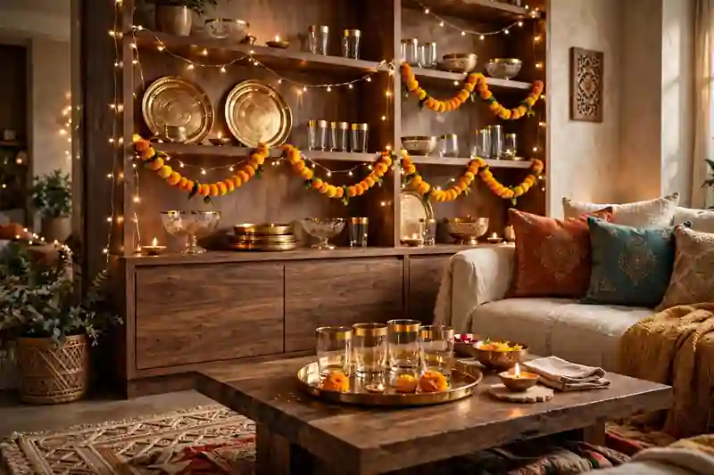 Gold-rimmed serveware displayed on open shelves in a Diwali living room