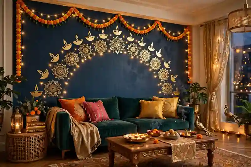 Accent wall with removable gold Diwali decals behind a sofa in the living room