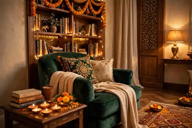 Cosy reading nook with armchair, diyas and fairy lights glowing for Diwali