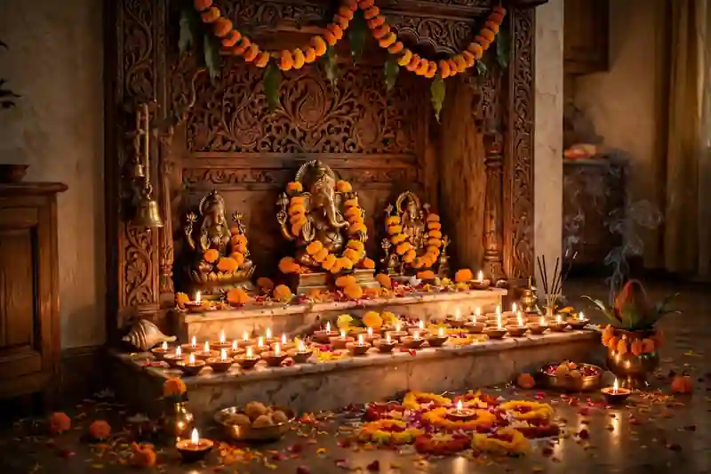 Beautifully decorated home mandir for Diwali with flowers diyas and fairy lights