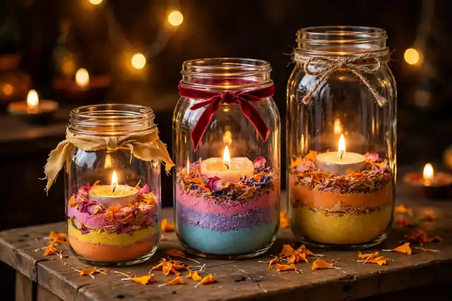 DIY mason jar tea light holders glowing with Diwali decorations