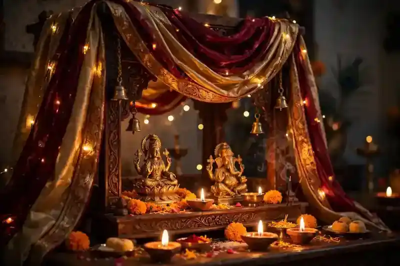 Silk fabric drapes in maroon and gold adorning a home mandir for Diwali decoration