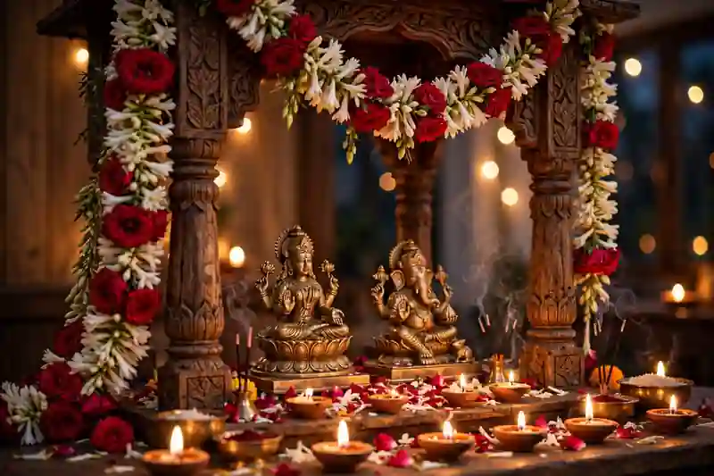 Rose and rajnigandha flower garlands decorating a Diwali pooja mandir