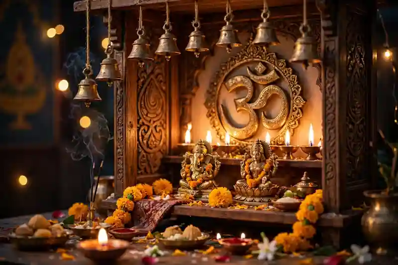 Brass bells and hanging Om decor in a beautifully decorated Diwali home mandir