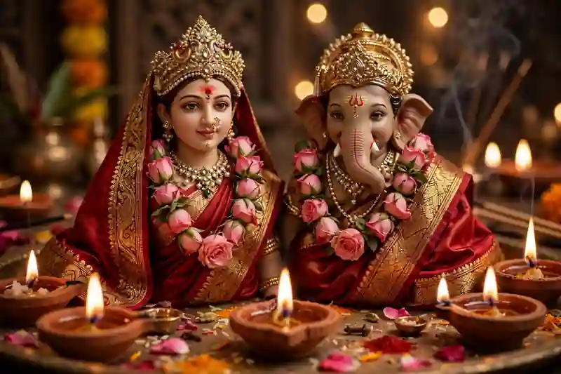 Hindu deities dressed in new red and gold vastra with shringar for Diwali Lakshmi puja