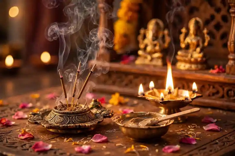 Sandalwood incense and camphor aarti creating fragrance rituals in a Diwali mandir