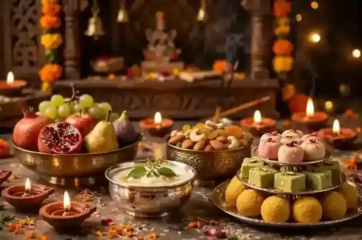 Panchamrit in silver bowls and prasad sweets beautifully presented for Diwali puja