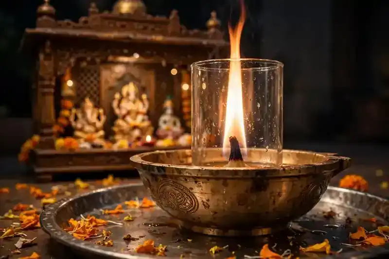 Akhand diya sacred flame burning in a brass lamp in a Diwali pooja room