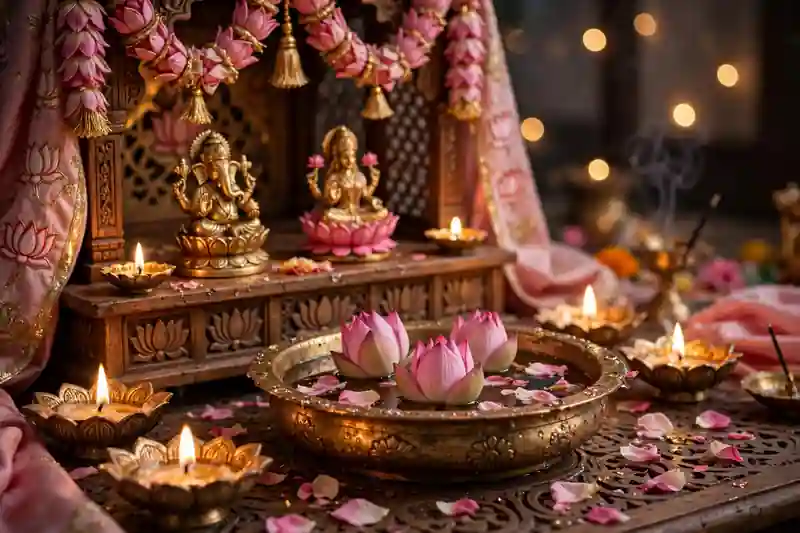 Lotus-themed Diwali mandir decor with pink lotus flowers and floating petals