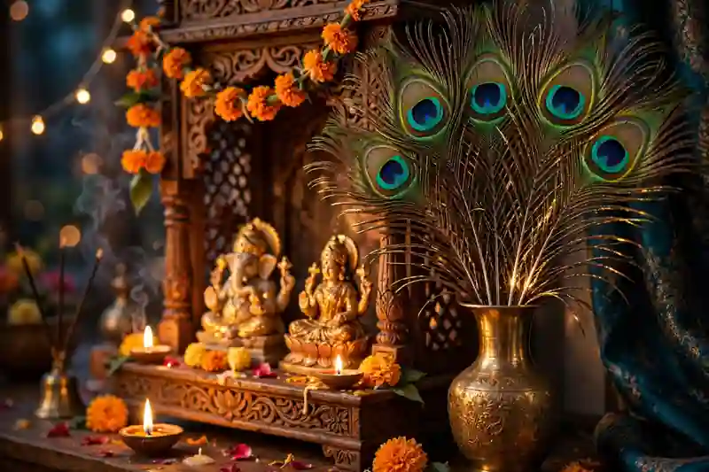 Peacock feather accents decorating a divine Diwali home mandir