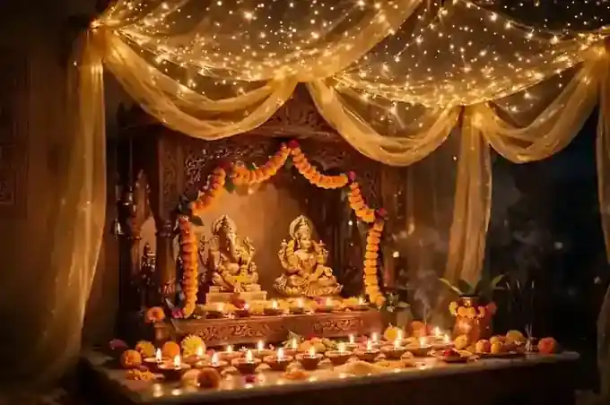 Fairy light canopy glowing over a decorated Diwali pooja mandir