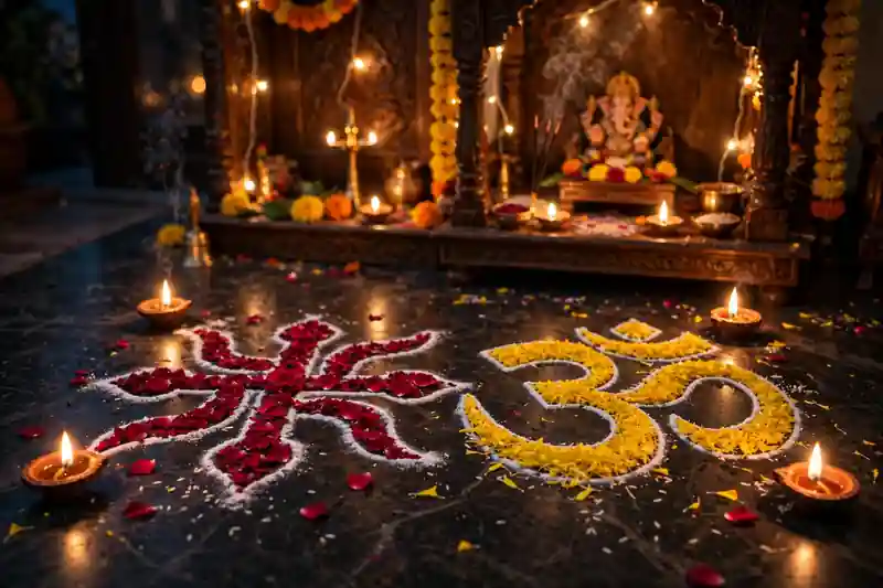 Sacred swastik and Om floor art made with flower petals before a Diwali mandir
